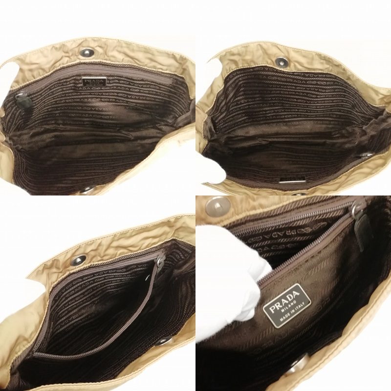 プラダ PRADA ナイロン チェーン ショルダーバッグ ロゴ刺繍 ベージュ