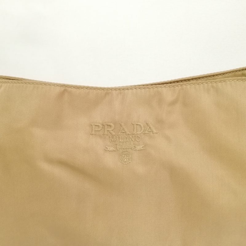 プラダ PRADA ナイロン チェーン ショルダーバッグ ロゴ刺繍 ベージュ