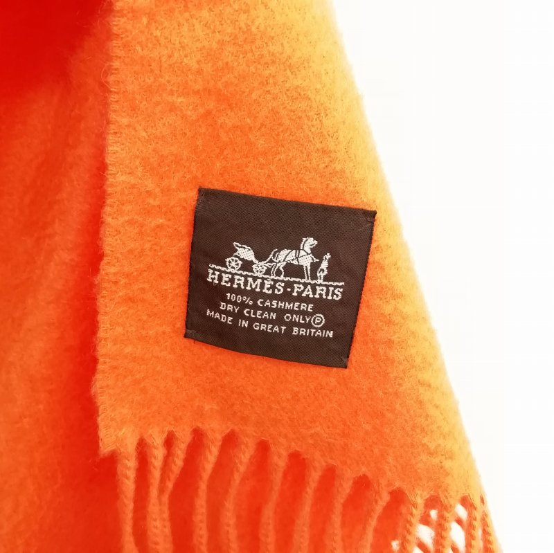 HERMES エルメス カシミヤ100% マフラー ロゴ刺繍 フリンジ2500