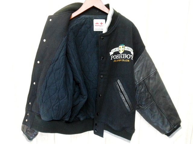 状態良好】posh boy スタジャン 厳しかっ 袖レザー フルデコ ブラック 