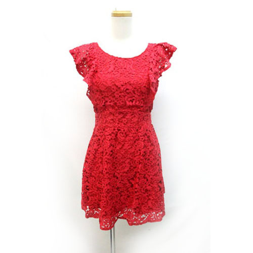 極美品 リエンダ Rienda ワンピース ひざ丈 レース ノースリーブ フリル S 赤 レッド Z レディース 059 ベクトルパーク