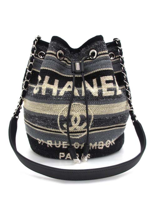 【中古】シャネル CHANEL A57536 ドーヴィル ストライプキャンバス 巾着バッグ ドローストリング ショルダーバッグ レディース シャネル CHANEL A57536 ドーヴィル ストライプキャンバス 巾着バッグ