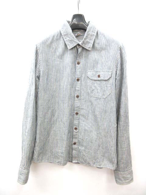 ハイベック HIBECK シャツ 長袖 ストライプ リネン混 青 白 1 ※KK3241 