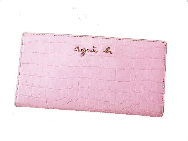 アニエスベー agnes b. クロコ 型押し レザー 長財布 ピンク a4 【中古 