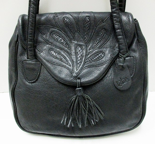 イビザ IBIZA 刺繍 & フリンジ レザー ハンドバッグ 黒 ブラック