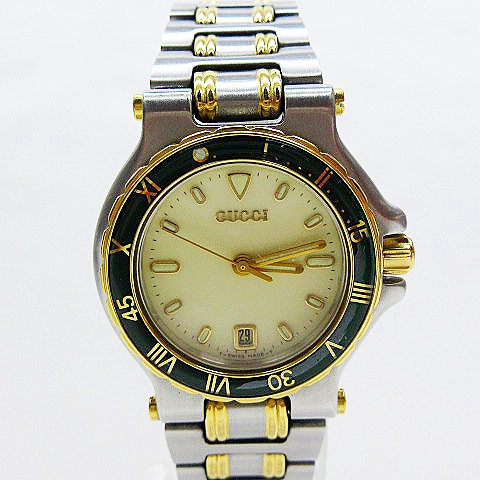 グッチ GUCCI 美品 9700 L アイボリーダイヤル デイト ローマン コンビ 
