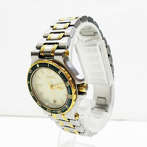 グッチ GUCCI 美品 9700 L アイボリーダイヤル デイト ローマン コンビ 