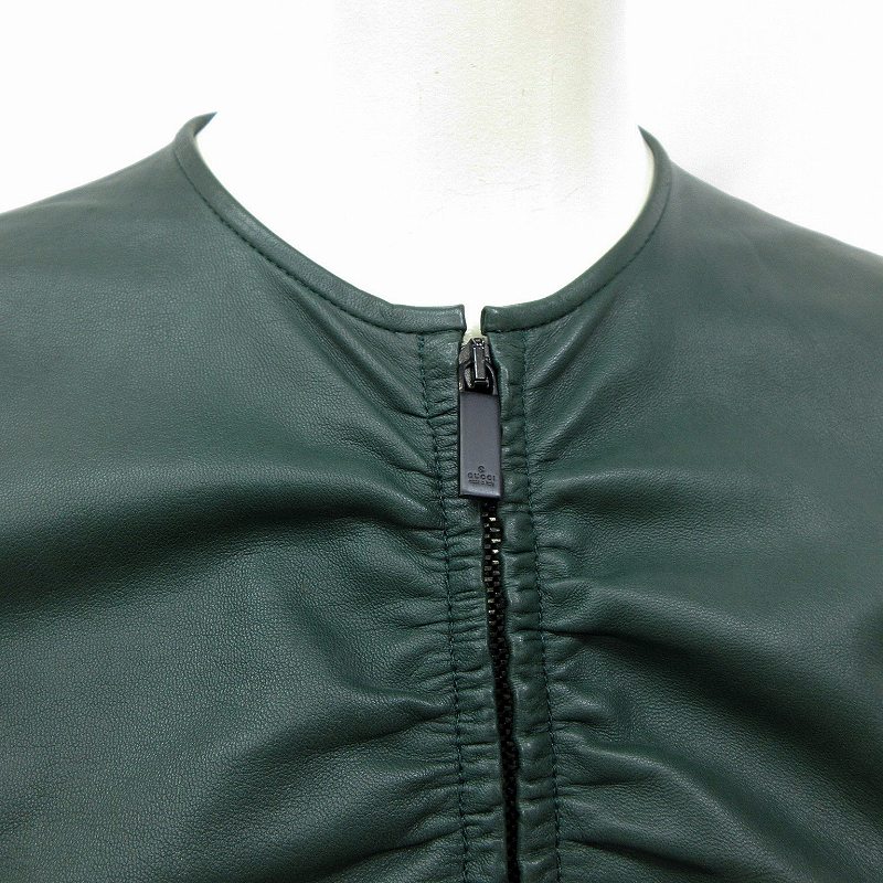 グッチ GUCCI 伊製 イタリア製 ギャザー デザイン ノーカラー レザー