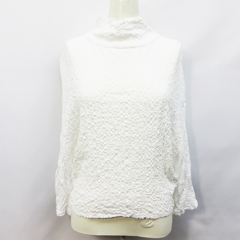 ザラ ベーシック Zara Basic カットソー 七分袖 ハイネック シャーリング シワ加工 無地 S 白 ホワイト系 レディース 064 ベクトルパーク