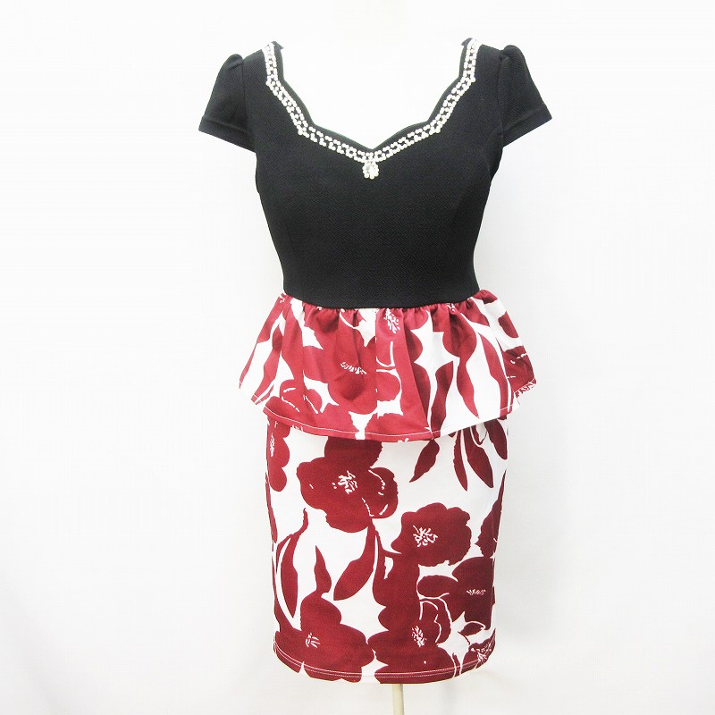 デイジークイーン Dazzy Queen ワンピース キャバドレス 半袖 ミニ カップ付 切替 ビジュー ペプラム 花柄 ストレッチ M 黒 ブラック系 エンジ 白 ホワイト系 レディース 064 ベクトルパーク