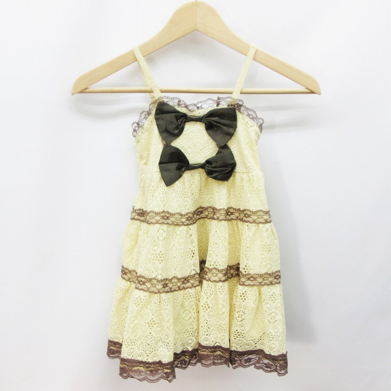 未使用品 ニッセン キッズ 子供服 キャミソール ワンピース ノースリーブ 膝丈 総レース リボン 100 黄 イエロー系 茶 ブラウン系 キッズ 064 ベクトルパーク