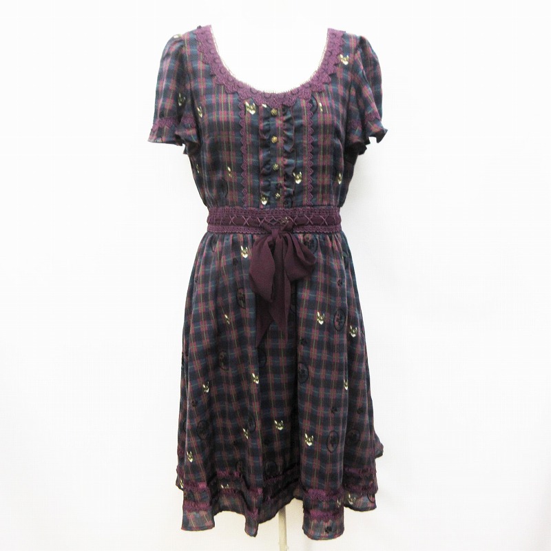 アクシーズファム Axes Femme ワンピース 膝丈 半袖 レース 花柄 フロッキー チェック ネコ M 赤 ワインレッド系 紺 ネイビー系 レディース 064 ベクトルパーク