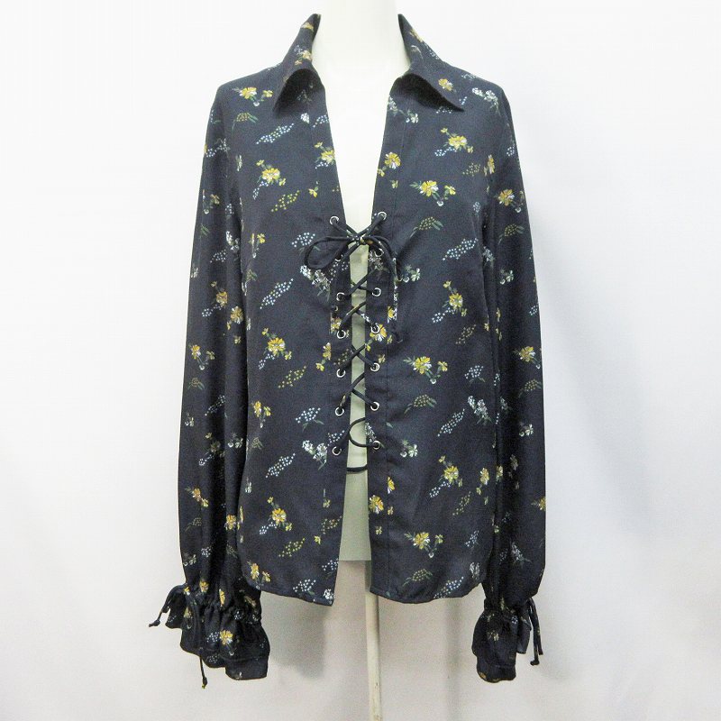 スライ Sly シャツ ブラウス 長袖 フリル レースアップ 花柄 1 S相当 紺 ネイビー系 レディース 064 ベクトルパーク