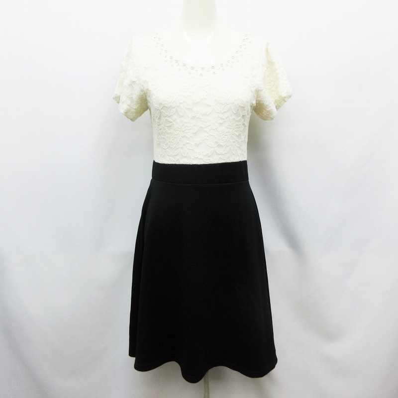 シンプルビューティーベーシック Simple Beauty Basic ワンピース 半袖 膝丈 レース ビジュー 切替 L アイボリー系 黒 ブラック系 レディース 064 ベクトルパーク