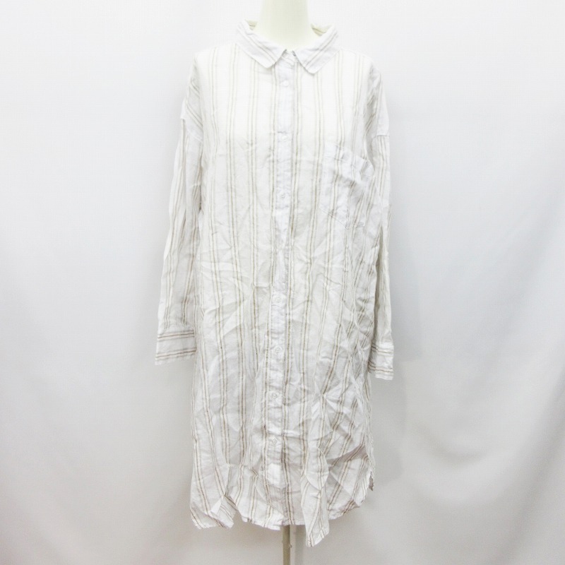 ミラオーウェン Mila Owen シャツ ワンピース 長袖 膝丈 オーバーサイズ ストライプ 麻 リネン 100 F M相当 白 ホワイト系 ベージュ系 30 レディース 064 ベクトルパーク