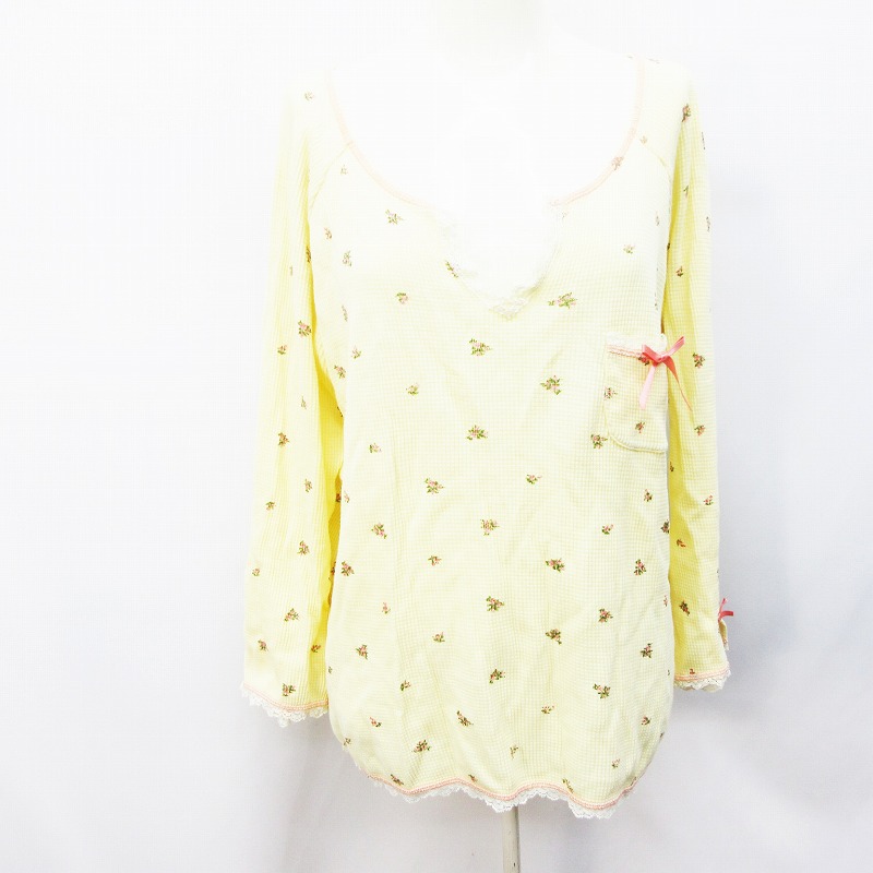 ピーチジョン Peach John インナーウェア ルームウェア サーマル カットソー 七分袖 ラグラン スキッパー レース 花柄 リボン ポケット 綿 コットン 100 M 黄 イエロー系 30 レディース 064 ベクトルパーク