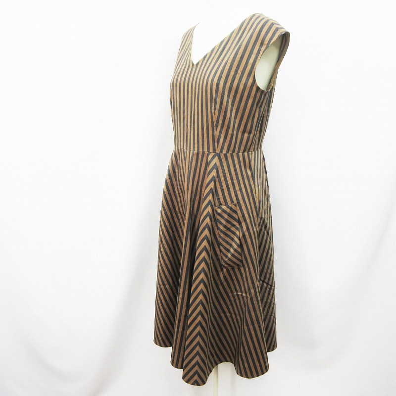 マルティニーク Martinique ワンピース Vネック ノースリーブ 膝丈 ストライプ フレア M相当 茶 ブラウン系 黒 ブラック系 30 レディース 064 ベクトルパーク