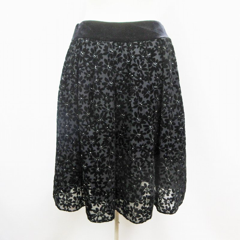 エムズグレイシー M S Gracy スカート 膝丈 サイドファスナー 花柄 シースルーベロア 36 S相当 黒 ブラック系 30 レディース 064 ベクトルパーク