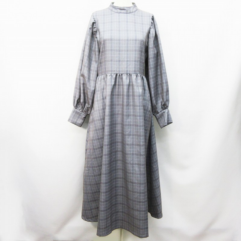 アンドドットノスタルジア Nostalgia ワンピース 長袖 ロング丈 マキシ丈 スタンドカラー 背開き チェック M 灰色 グレー系 30 レディース 064 ベクトルパーク