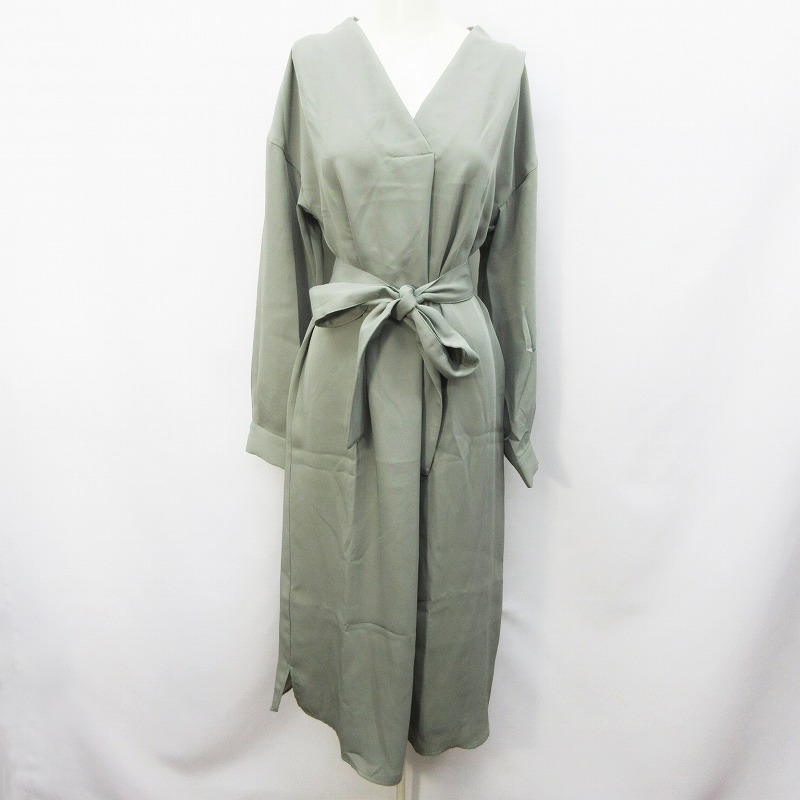 ナノユニバース Nano Universe ワンピース 長袖 ロング丈 Vネック ウエストリボン 無地 F M相当 灰色 グレー系 31 レディース 064 ベクトルパーク