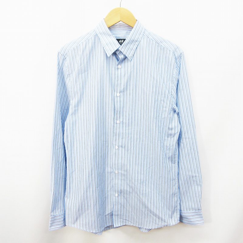 エイチ エム H M Easy Iron シャツ 長袖 Slim Fit ストライプ M 青 ブルー系 メンズ 064 ベクトルパーク