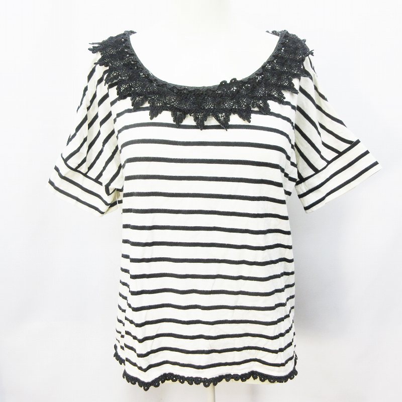 ジーナシス Jeanasis Tシャツ カットソー 半袖 ドロップショルダー 丸首 レース ボーダー 綿 コットン 100 F M相当 黒 ブラック系 オフホワイト系 レディース 064 ベクトルパーク ジーナシス Jeanasis Tシャツ カットソー 半袖 ドロップショルダー 丸首 レース ボーダー 綿 コットン 100 F M相当 黒 ブラック系 オフホワイト系 レディース 064 ベクトルパーク