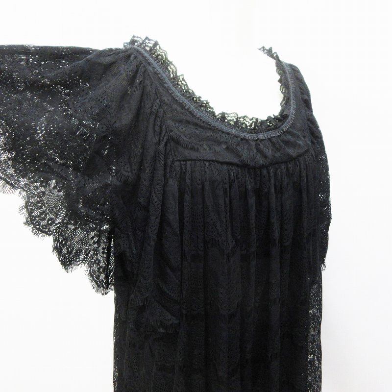 ダブルクローゼット W Closet Wears Inc チュニック ワンピース 半袖 ミニ丈 総レース 丸首 フリンジ フレア F M相当 黒 ブラック系 レディース 064 ベクトルパーク