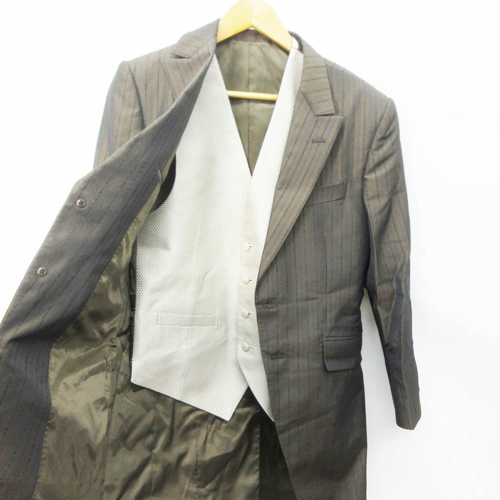 アヴィカ ウォモ Avica Uomo ワタベウェディング セットアップ 3点 タキシード スーツ ジャケット ロング 総裏 ベスト リバーシブル パンツ ストライプ M 濃茶 ブラウン系 32 メンズ 064 ベクトルパーク
