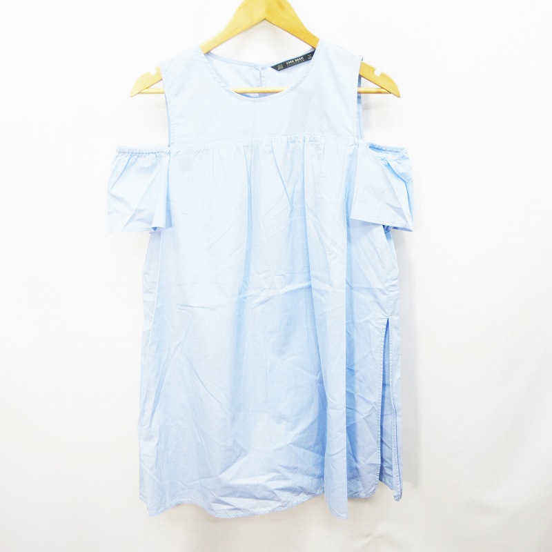 ザラ ベーシック Zara Basic オールインワン ワンピース オフショルダー 肩開き 半袖 丸首 スリット インナー ショートパンツ 無地 フレア 綿 コットン M 水色 ライトブルー 32 レディース 064 ベクトルパーク