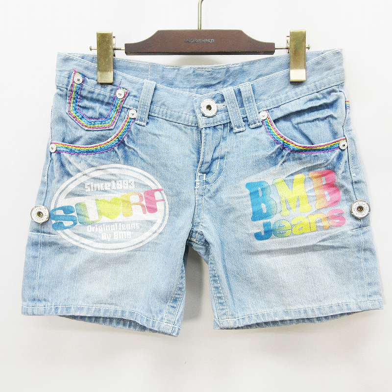 ブルームーンブルー Blue Moon Blue デニム ショート パンツ ジップフライ ロールアップ レインボー ステッチ プリント 綿 コットン 100 26 S相当 インディゴ レディース 064 ベクトルパーク