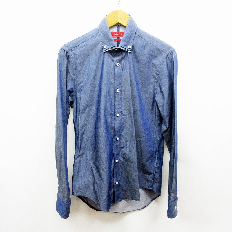 ザラマン Zara Man 美品 シャンブレー スリムフィット ボタンダウン ダブルカラー 長袖 ワイシャツ アメリカサイズ S 青 ブルー系 メンズ 064 ベクトルパーク