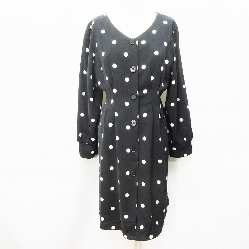 マジェスティックレゴン Majestic Legon ワンピース 長袖 膝丈 Vネック フェイクボタン タック 総柄 ドット 水玉 M 黒 ブラック系 白 ホワイト系 レディース 064 ベクトルパーク