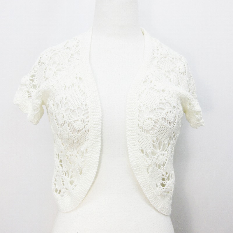 ユニクロ Uniqlo サマーニット ボレロ カーディガン 半袖 前開き ショート丈 鍵編み 透かし編み シースルー M 白 ホワイト系 36 レディース 064 ベクトルパーク