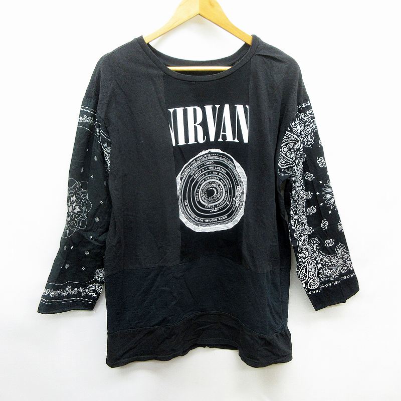 Weyep ウィエップ リメイク デザイン 長袖 ロング Tシャツ カットソー F L ニルヴァーナ Nirvana ロゴ バンダナ 黒 ブラック系 日本製 メンズ レディース 064 ベクトルパーク