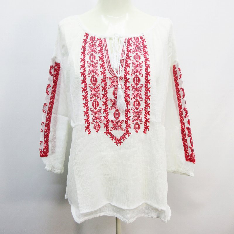 スタディオクリップ Studio Clip カットソー プルオーバー ボヘミアンブラウス 長袖 ドロップショルダー エスニック柄 刺繍 シワ加工 綿 コットン F M相当 白 ホワイト系 37 レディース 064 ベクトルパーク