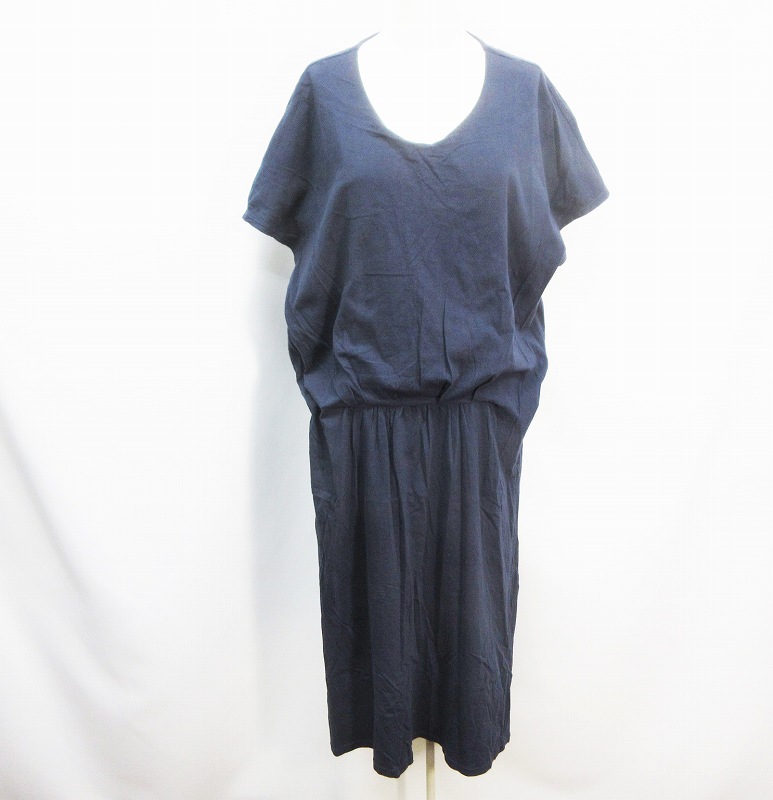 ニコアンド Niko And ワンピース 半袖 フレンチスリーブ Uネック ロング ミモレ丈 ブラウジング ウエストリボン 無地 綿 コットン100 M相当 紺 ネイビー 37 レディース 064 ベクトルパーク