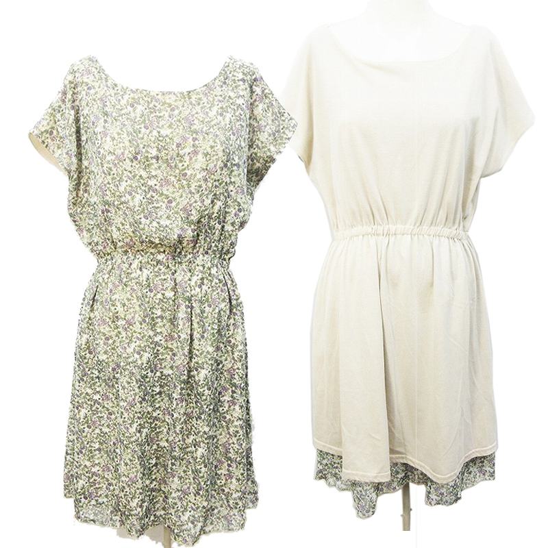 テチチ Te Chichi リバーシブル ワンピース 半袖 フレンチスリーブ 膝丈 フレア 花柄 シフォン ウエストゴム M アイボリー ベージュ系 37 レディース 064 ベクトルパーク