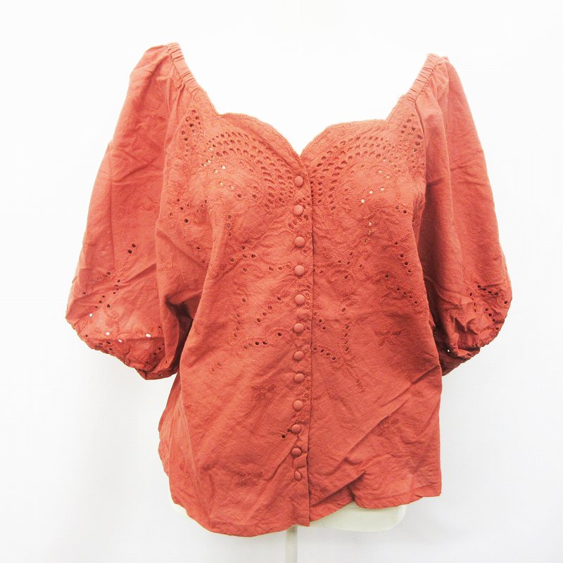 フーズフーチコ Who S Who Chico スカラップ 刺繍 ブラウス カットソー 半袖 ラグラン ボリューム袖 パンチング シースルー 花柄 綿 コットン100 M相当 茶 ブラウン系 37 レディース 064 ベクトルパーク