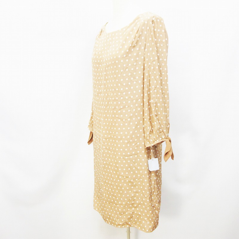 未使用品 ノーリーズ Nolley S Sophi ワンピース 七分袖 袖リボン 丸首 膝丈 総柄 ドット 水玉柄 フレア 38 M相当 薄茶 ブラウン系 39 レディース 064 ベクトルパーク