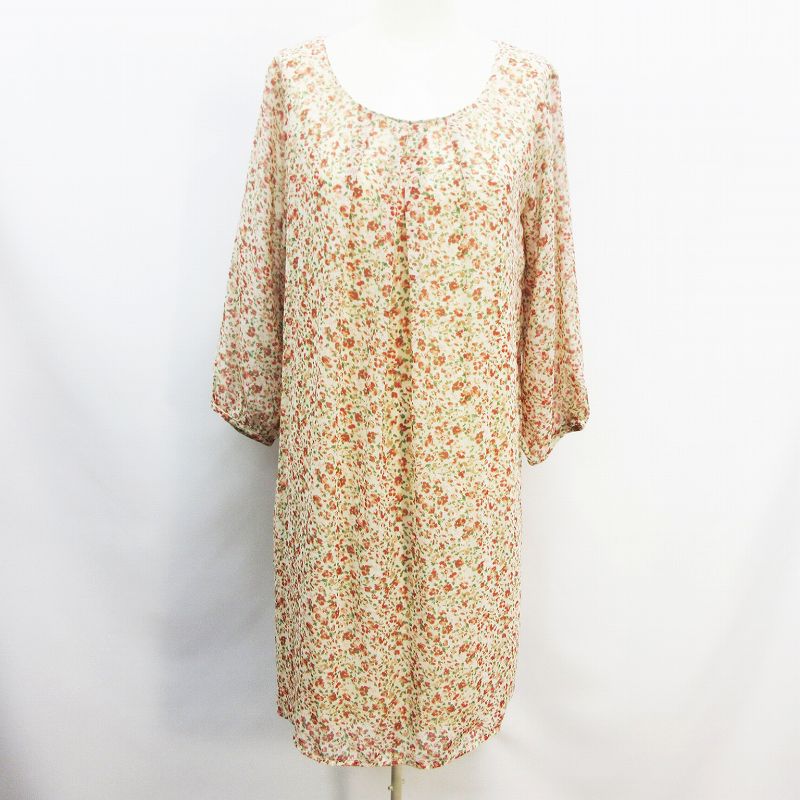 未使用品 テチチ Te Chichi ワンピース チュニック 七分袖 ミニ丈 丸首 花柄 総柄 シフォン M 赤 レッド系 ベージュ系 39 レディース 064 ベクトルパーク