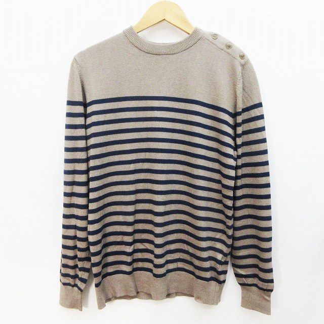 未使用品 ジーユー Gu マリンボーダー セーター ニット 長袖 丸首 ボタンデザイン 羊毛 ウール混 L 茶 ブラウン系 紺 ネイビー系 40 メンズ 064 ベクトルパーク