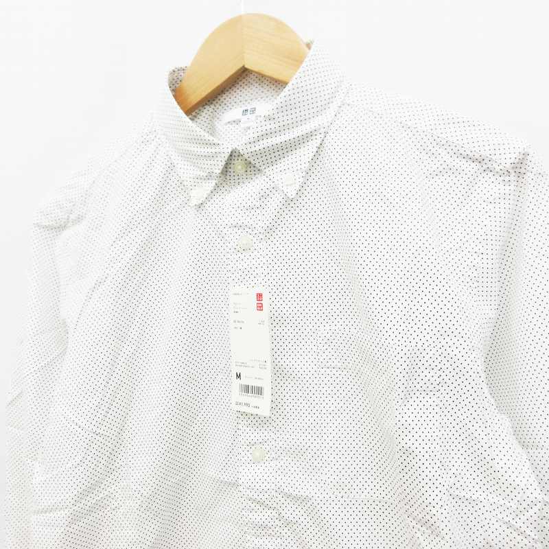 未使用品 ユニクロ Uniqlo ブロード プリント シャツ 長袖 ボタンダウン ドット 水玉柄 総柄 綿 コットン 100 M 白 ホワイト系 40 メンズ 064 ベクトルパーク