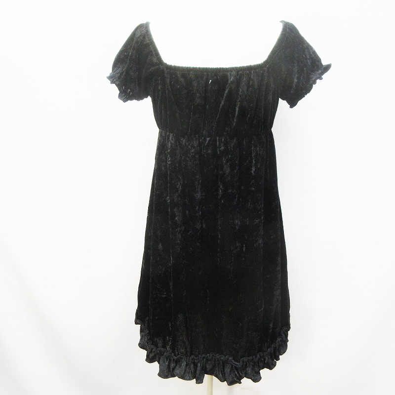 未使用品 トゥララ Tralala Lizlisa リズリサ ベビードール ワンピース 半袖 オフショル スクエアネック ミニ フリル ベロア Aライン 起毛 小さいサイズ 0 Xs相当 黒 ブラック系 40 レディース 064 ベクトルパーク