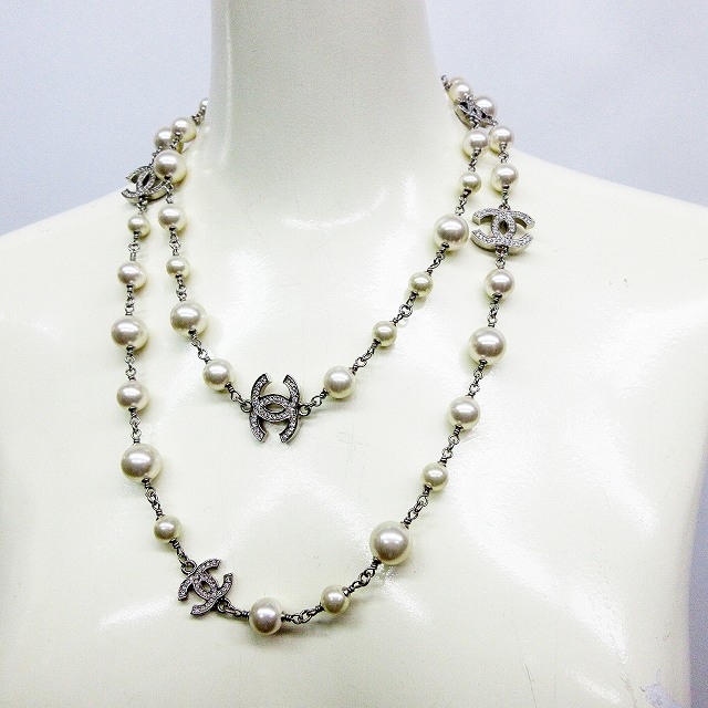 シャネル Chanel 美品 2連 ネックレス ココマーク ラインストーン パール シルバー系 白 ホワイト系 2way レディース 064 ベクトルパーク