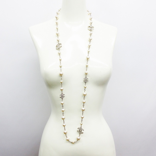 シャネル Chanel 美品 2連 ネックレス ココマーク ラインストーン パール シルバー系 白 ホワイト系 2way レディース 064 ベクトルパーク
