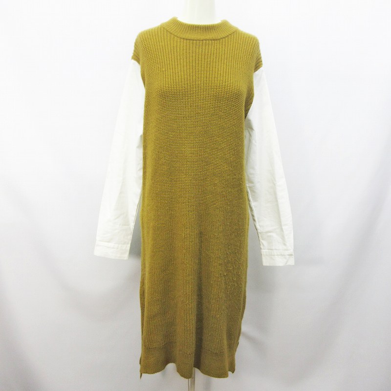 アフリカタロウ Africa Taro ニット ワンピース ロング丈 長袖 切替 シャツスリーブ F M相当 からし色 マスタードイエロー系 レディース 064 ベクトルパーク