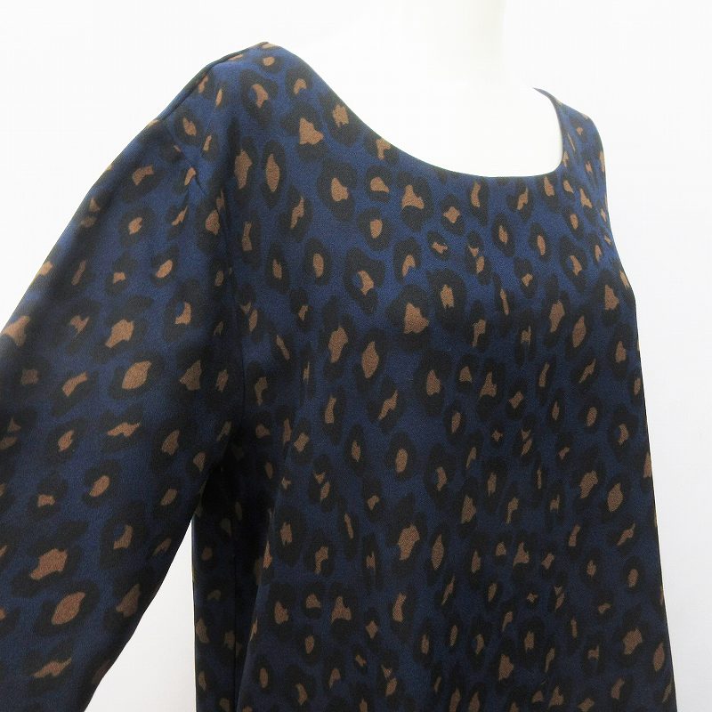 レプシィム ローリーズファーム Lepsim Lowrys Farm ワンピース 長袖 膝丈 フレア 丸首 レオパード ヒョウ柄 Aライン サイドポケット L 紺 ネイビー レディース 064 ベクトルパーク