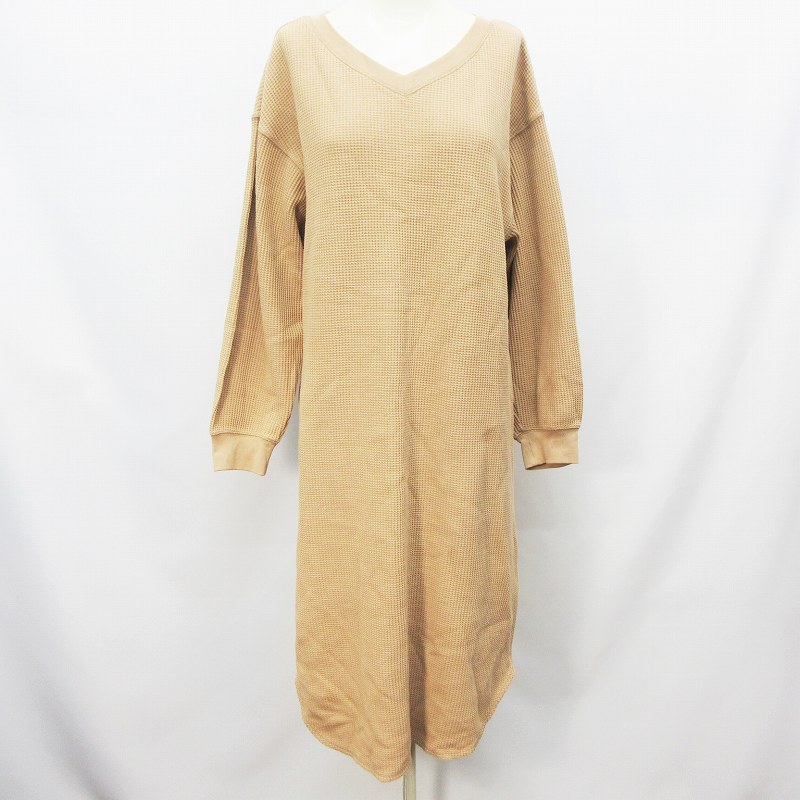 ユニクロ Uniqlo ワッフル ワンピース Vネック 長袖 ロング丈 綿 コットン M ベージュ系 レディース 064 ベクトルパーク