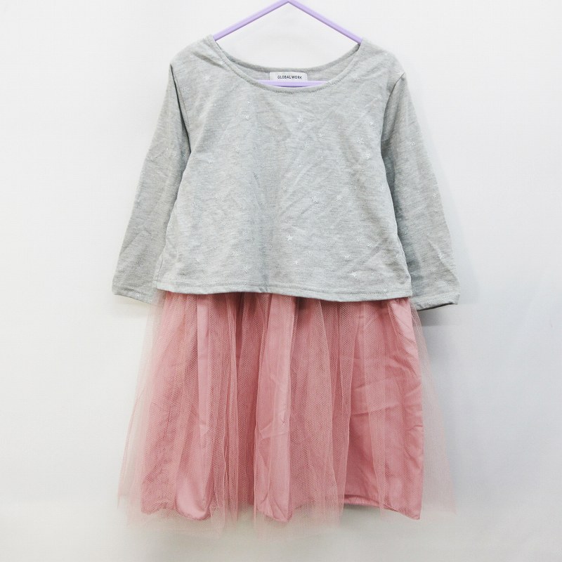 グローバルワーク Global Work キッズ 子供服 ワンピース 膝丈 長袖 星柄 ラメ 切替 チュール フレア スカート Xl 1 130相当 灰色 グレー系 ピンク系 レディース 064 ベクトルパーク
