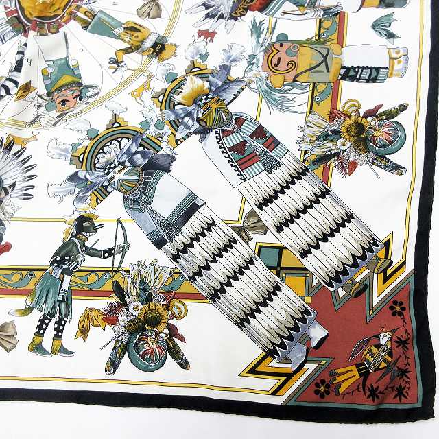 エルメス HERMES カレ90 Kachinas カチナ 民族柄 シルク スカーフ 白 